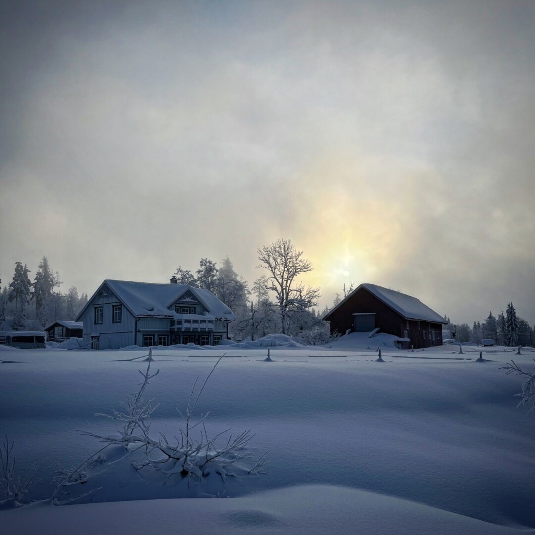 Sun over houses in winter landscape